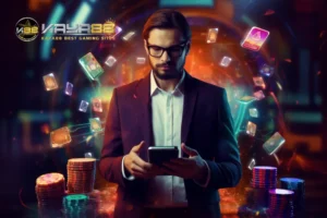 seorang lelaki menggunakan kaya88 eWallet untuk membuat transaksi